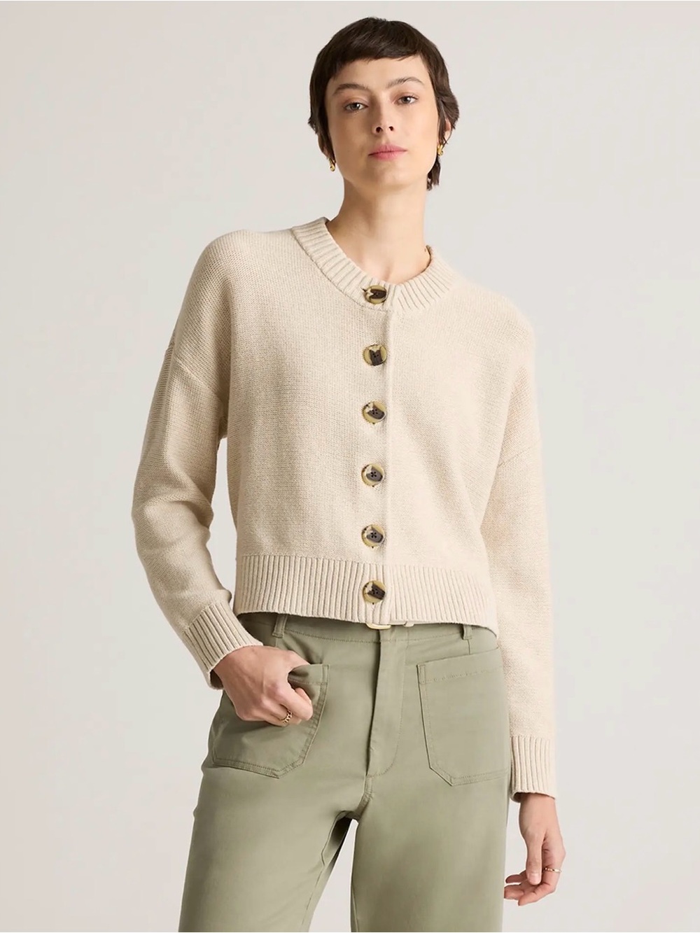 Quince speckled beige organic cotton cardigan. Size S.